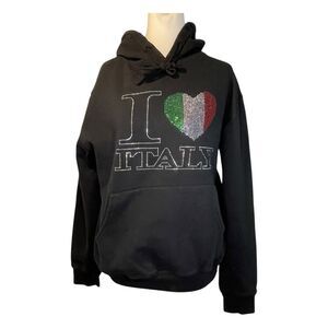 I Love Italy Studded Hoodie Sweatshirt Black Red Green Fleece XL